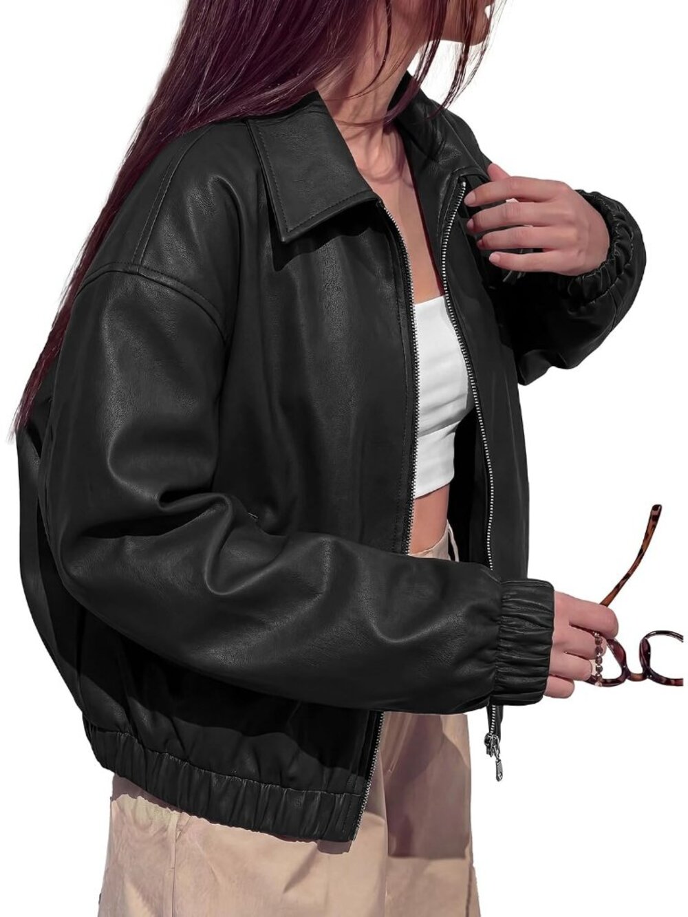Women's Black Faux Leather Jacket Oversized Zip Up Bomber Coats With Pockets